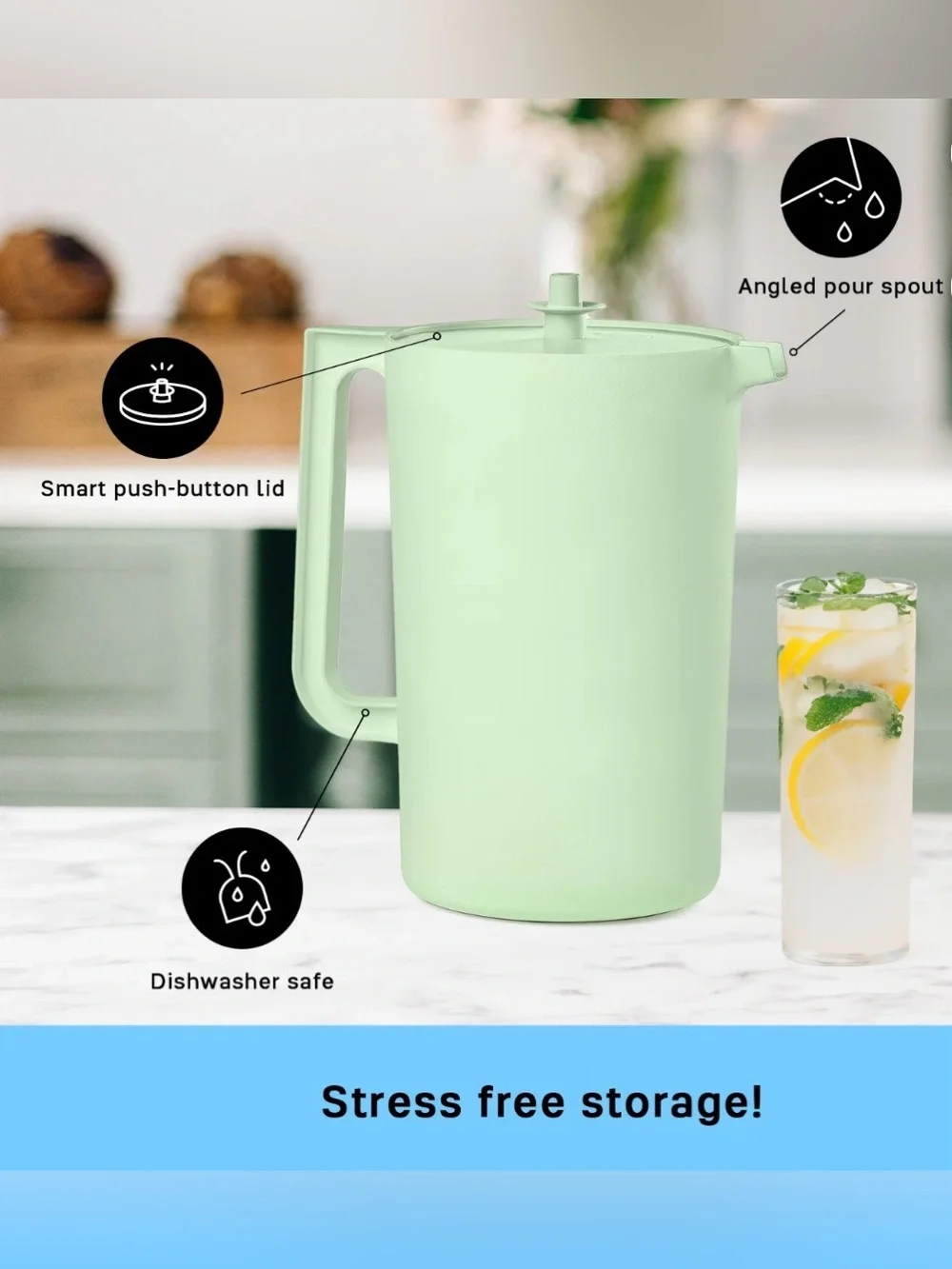 Tupperware Mint Green Plastic Pitcher with Lid and Handle
